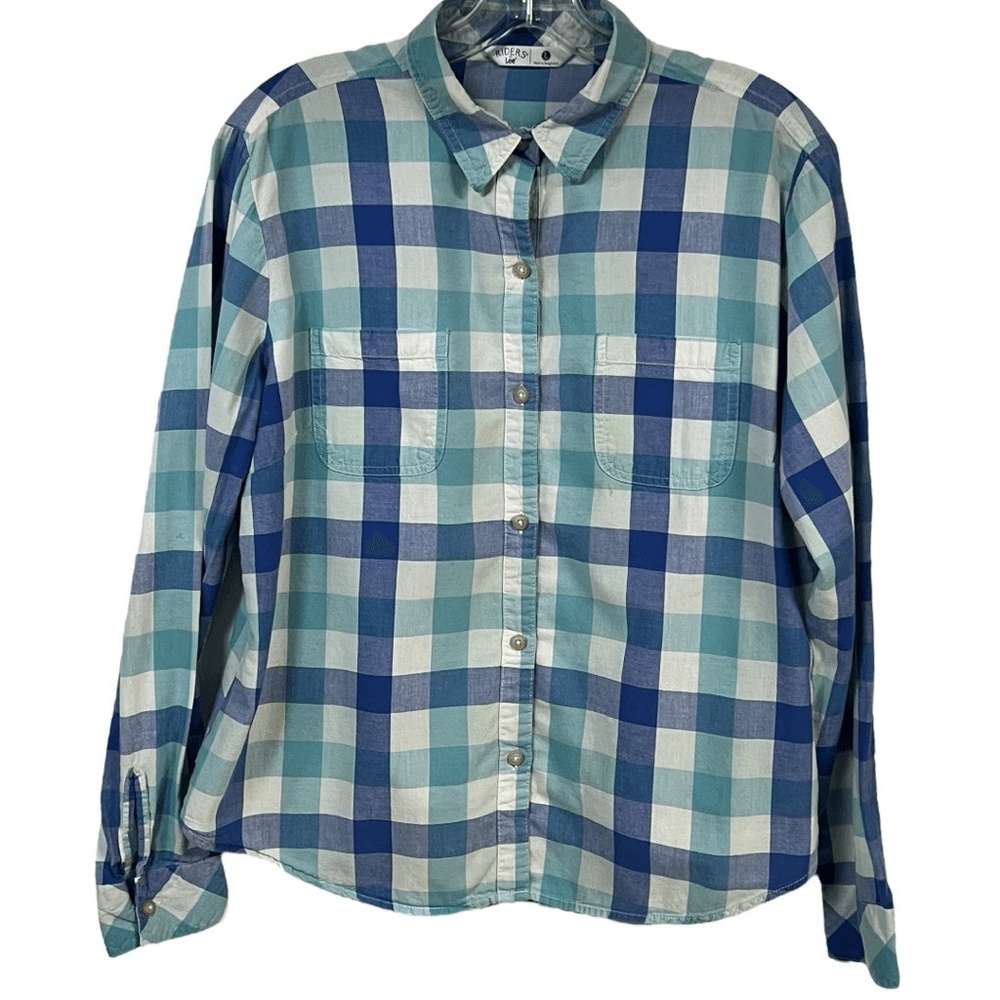 Riders By Lee Shirt L Blue Gingham Check Button Up Collared Patch Pocket Classic